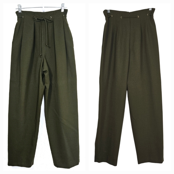 Anne Klein Vintage High Waisted Pleated Wool Trousers in Olive Green Size 8 - Picture 1 of 10